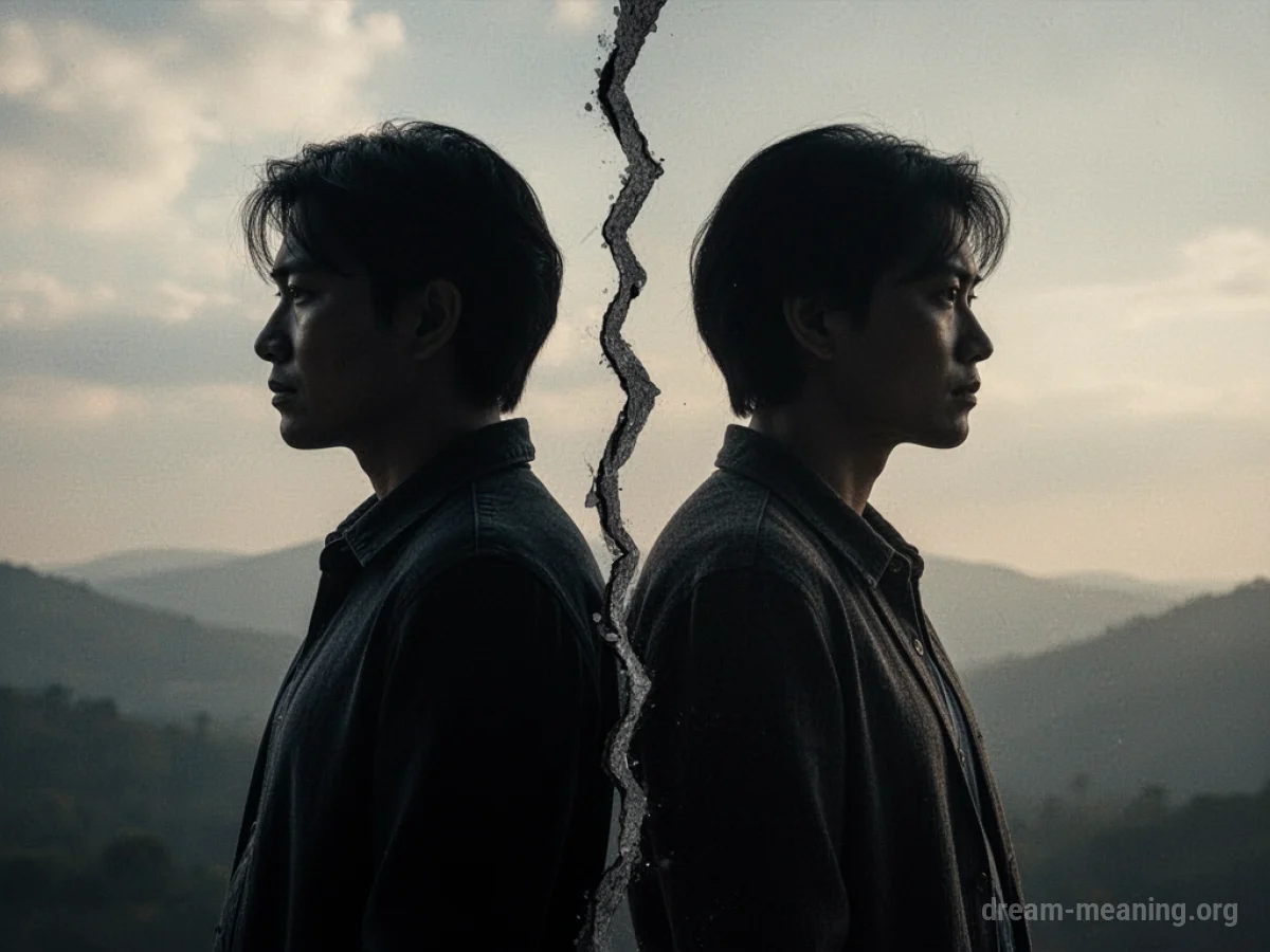 Two dark silhouettes facing away from each other with a sharp, broken line between them.