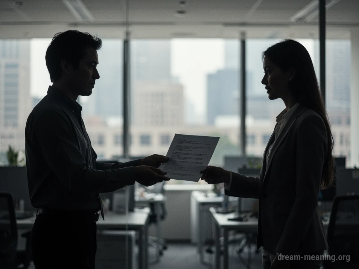 Silhouette of one person giving a document to another.
