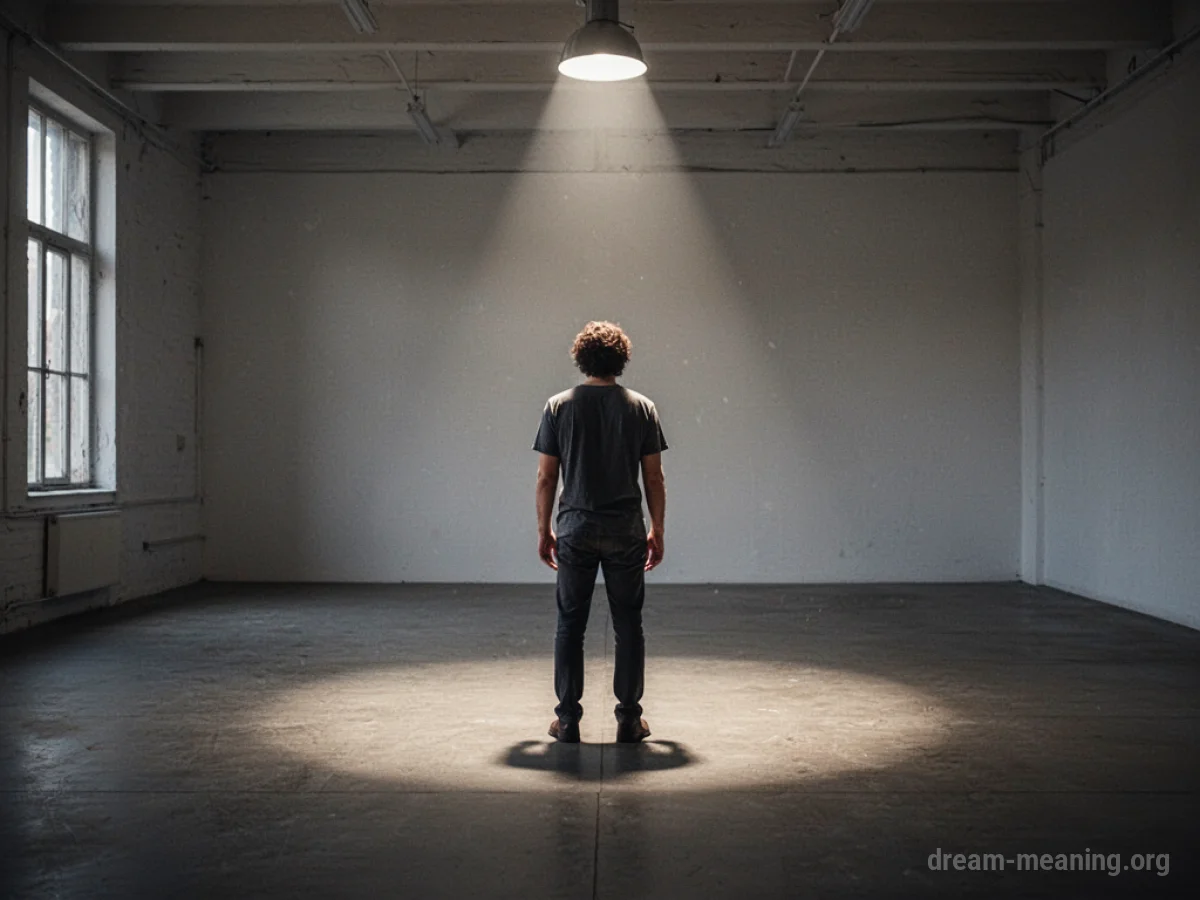 A solitary figure stands under a spotlight in an empty, dark room.
