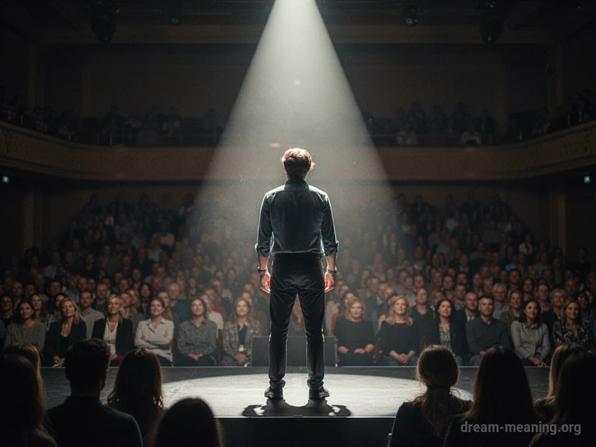A person stands in a spotlight on a stage.