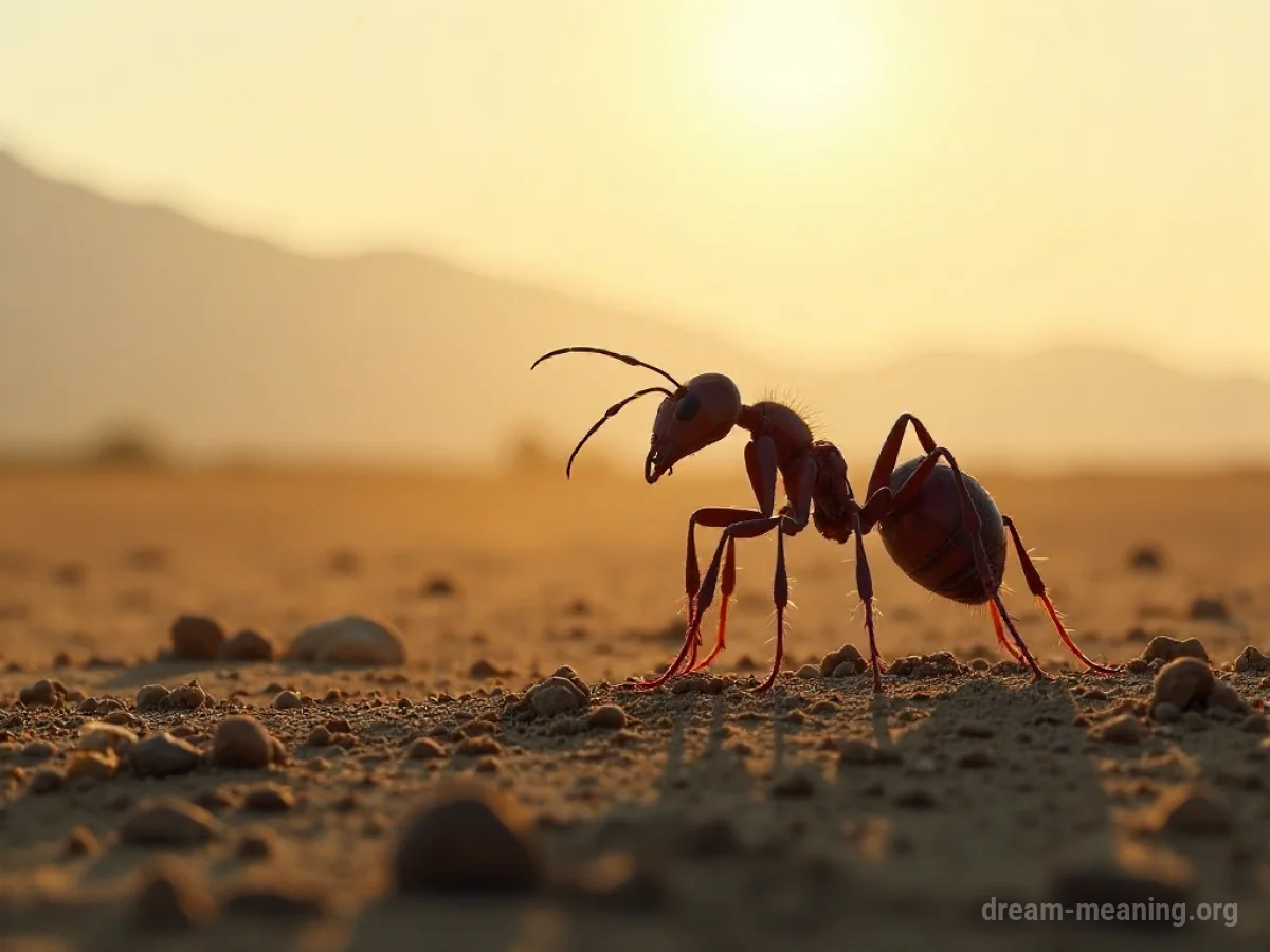 A massive ant in a desolate landscape.