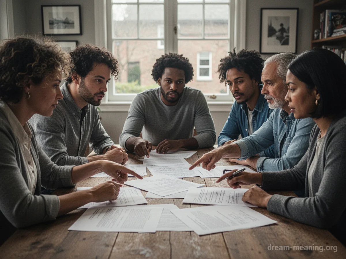 People gathered around a table with documents.