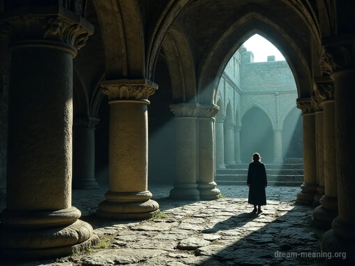 A person partially concealed behind a stone column within a large, old building.