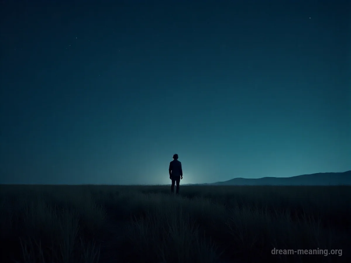 A silhouetted figure stands in a desolate landscape under a dark sky.