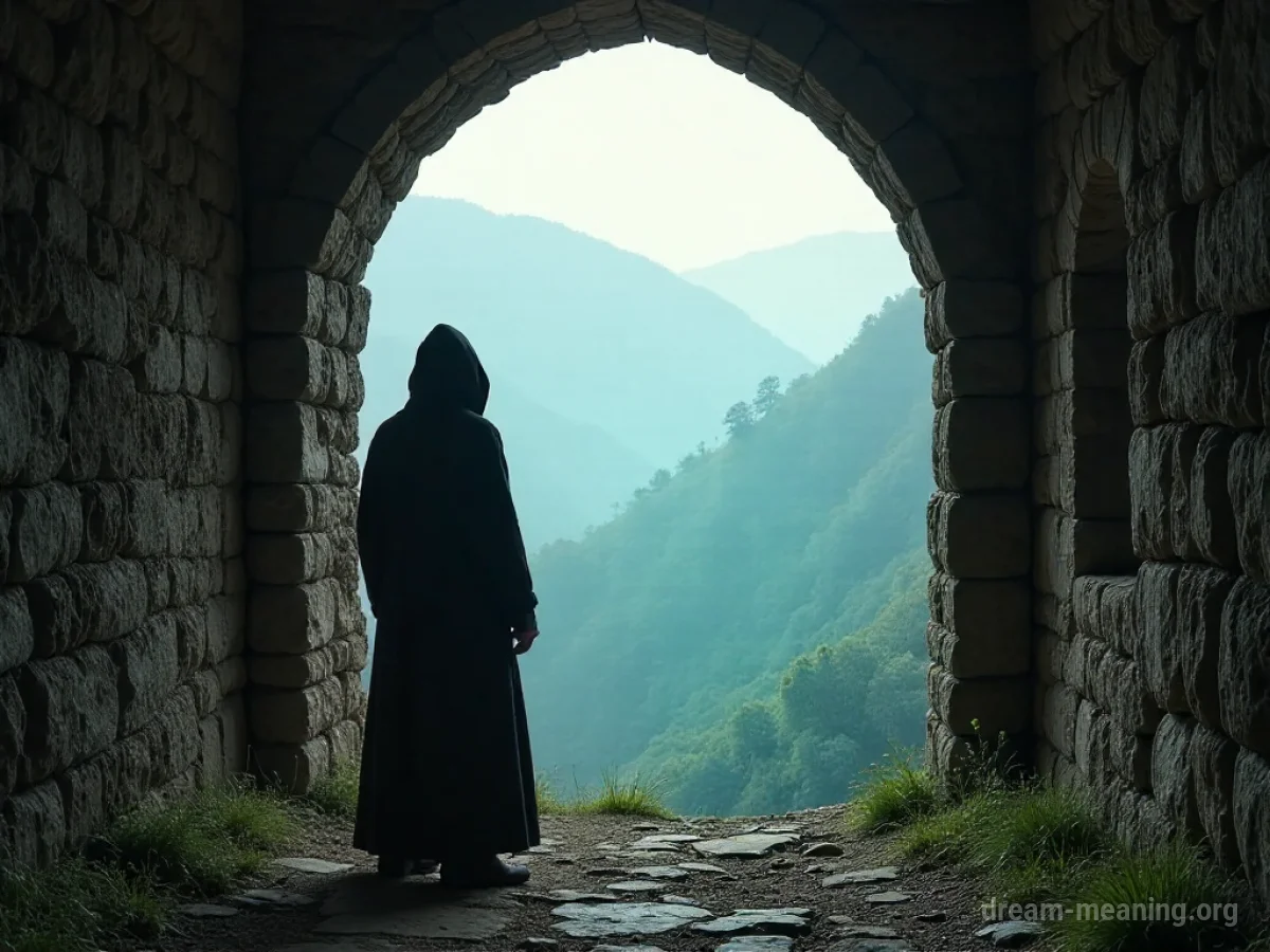 A person in a hooded robe stands at a monastery entrance.