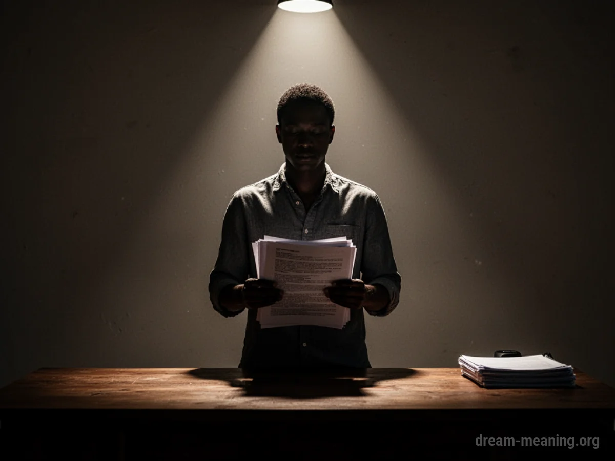 Silhouette of a person behind a desk holding papers.