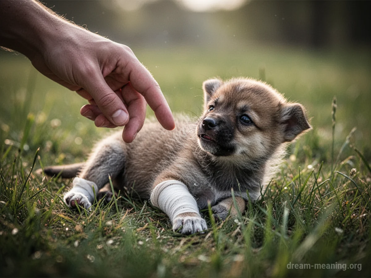 A hand reaching towards a small animal with a bandaged leg.