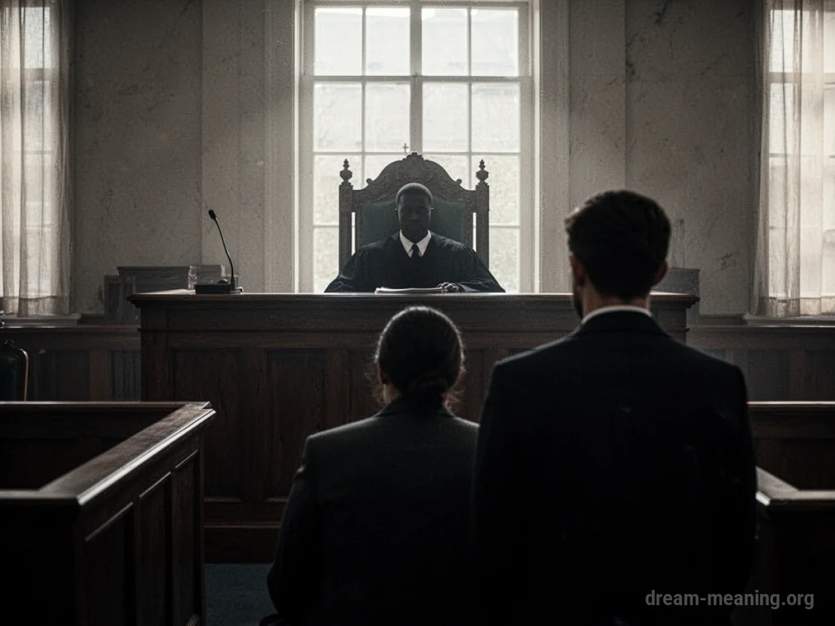 A judge sits behind a dark wooden bench in a courtroom.