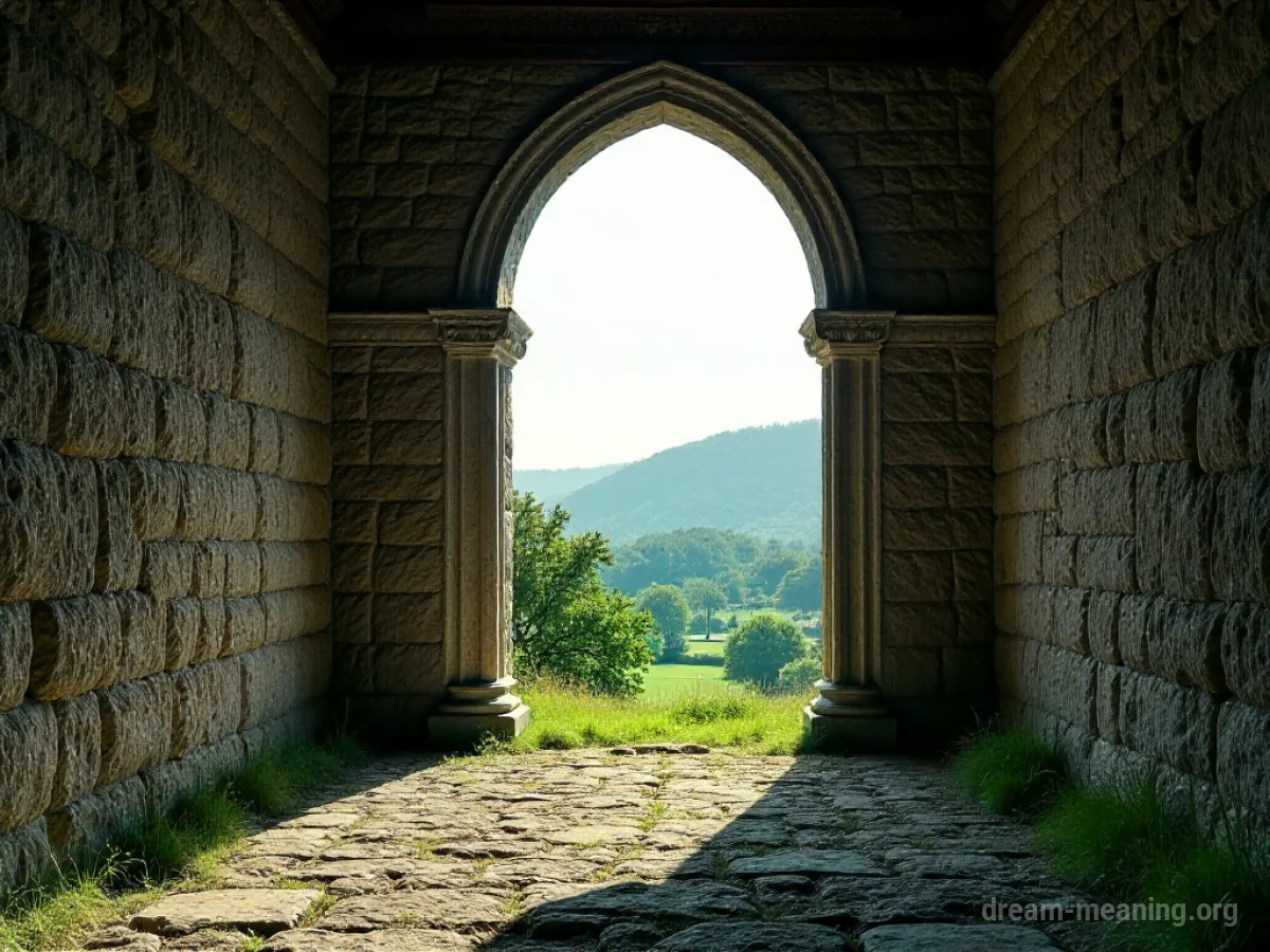 View from inside an old stone building through a tall arched window towards a green landscape.