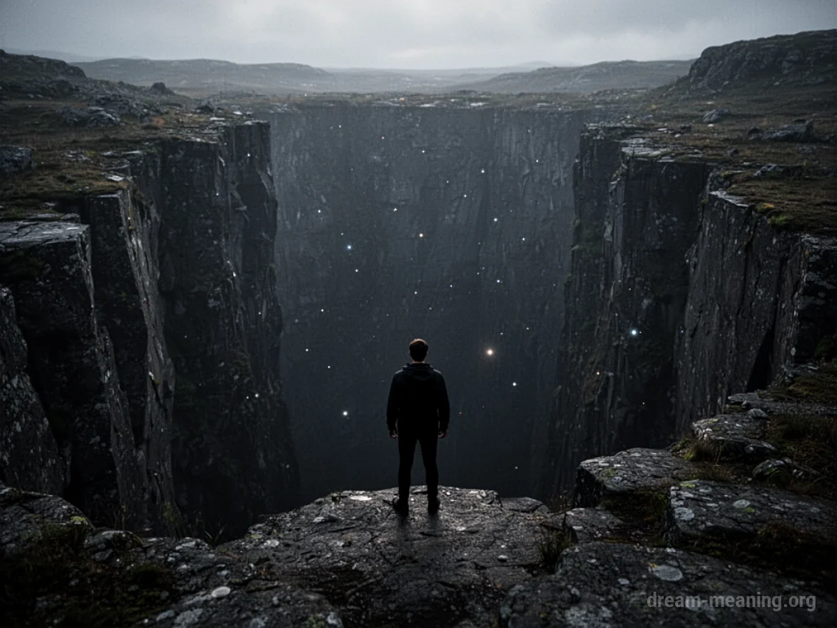 Silhouette of a person at the edge of a deep, dark chasm.