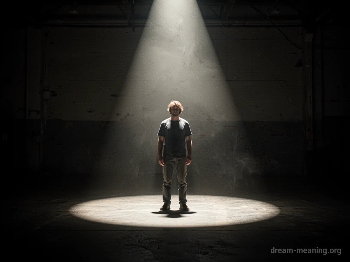 A person in a fading spotlight surrounded by shadows.