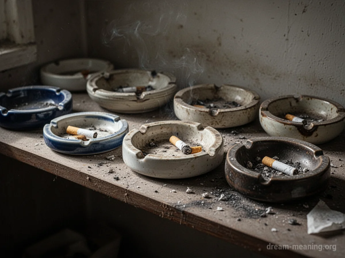 A group of ceramic and glass ashtrays clustered together on a wooden surface.
