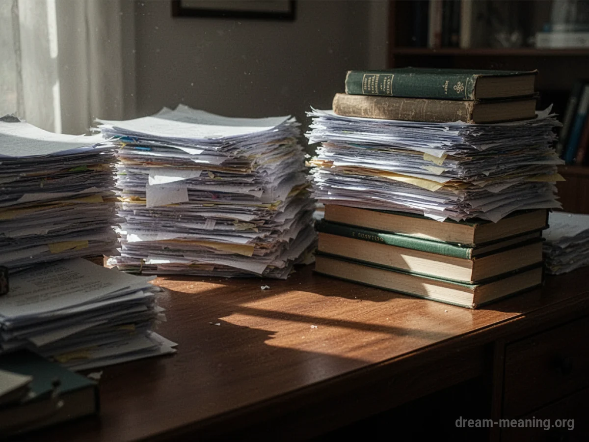 A desk covered in numerous piles of papers and books.