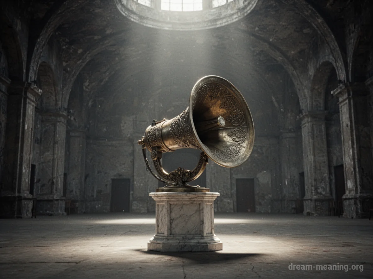 A large megaphone on a pedestal in a dark, empty hall.