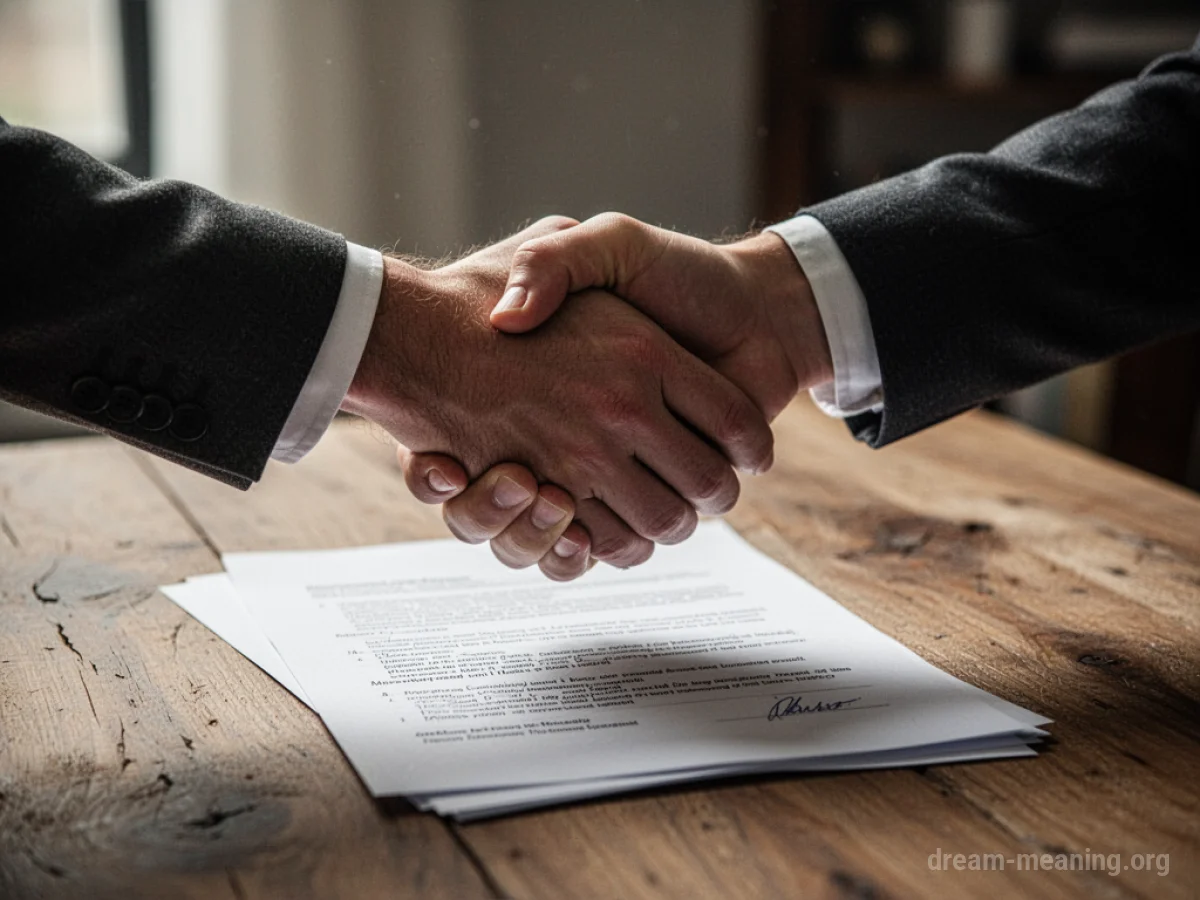 Two people shaking hands over a contract.