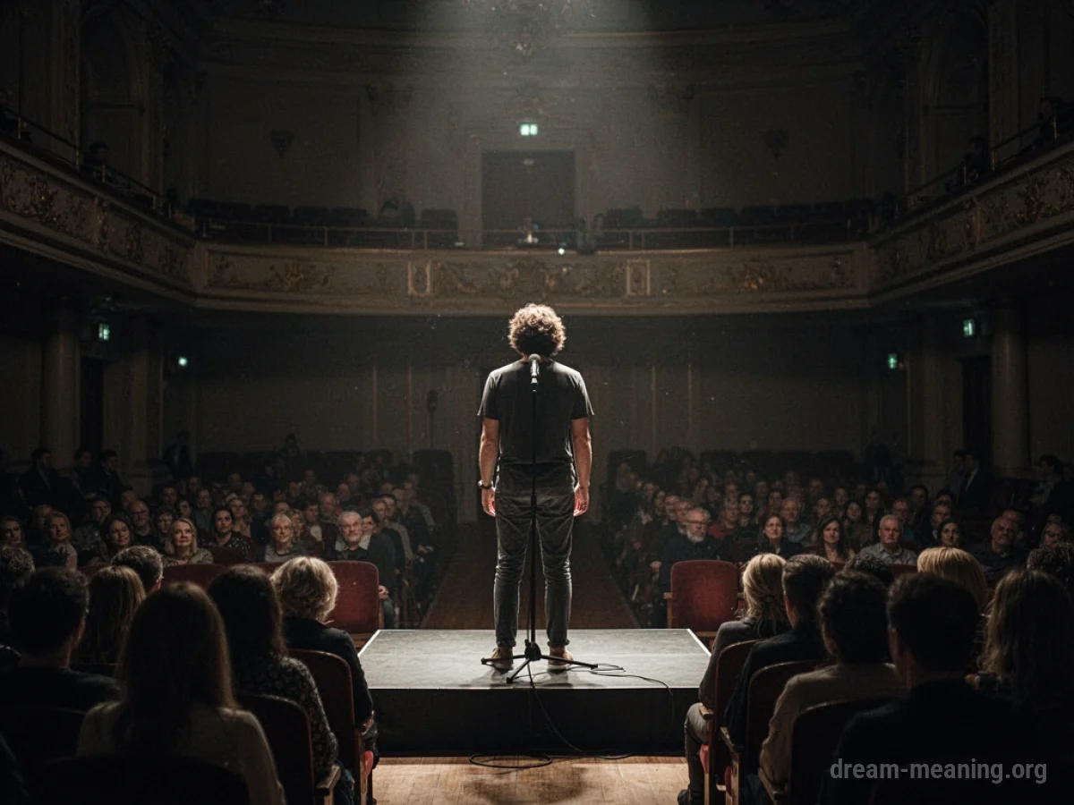 A person stands on a stage with a microphone.