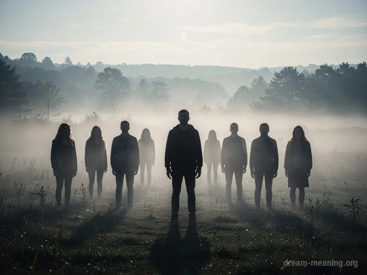 Silhouettes of several figures standing in a misty outdoor area.