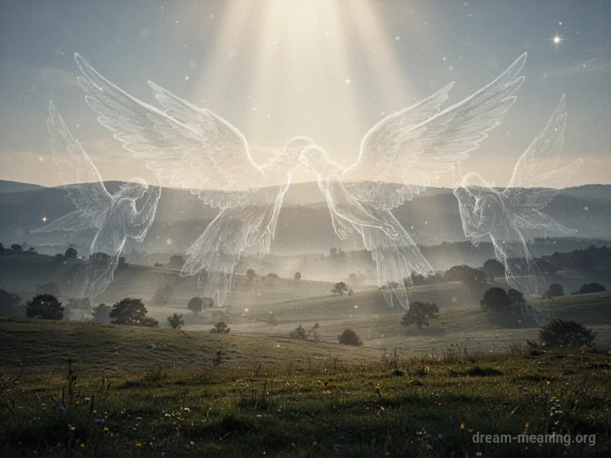 Ethereal outlines of winged figures in a soft light over a landscape.