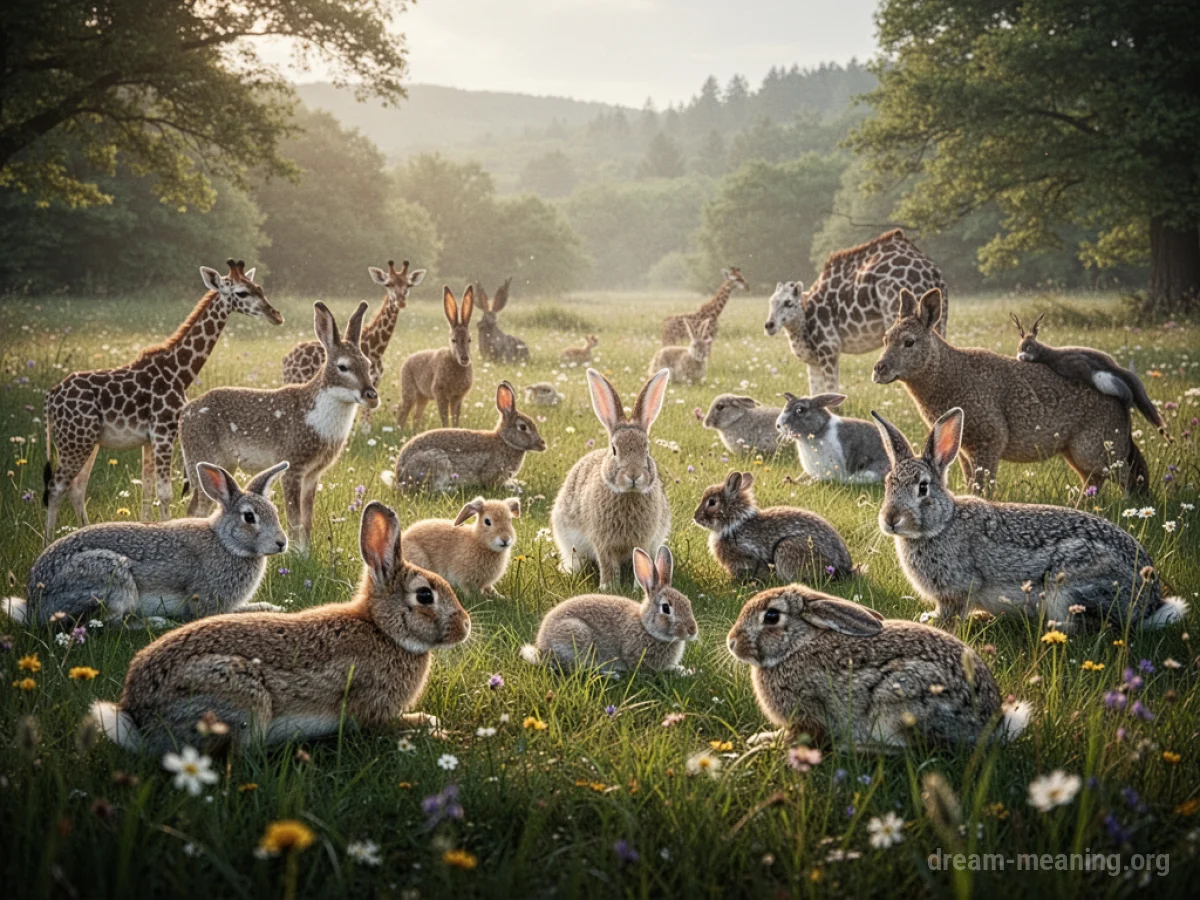 A variety of animals like deer, birds, and rabbits standing together in a field.