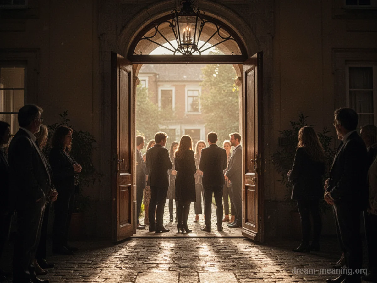 A doorway with many figures waiting outside.