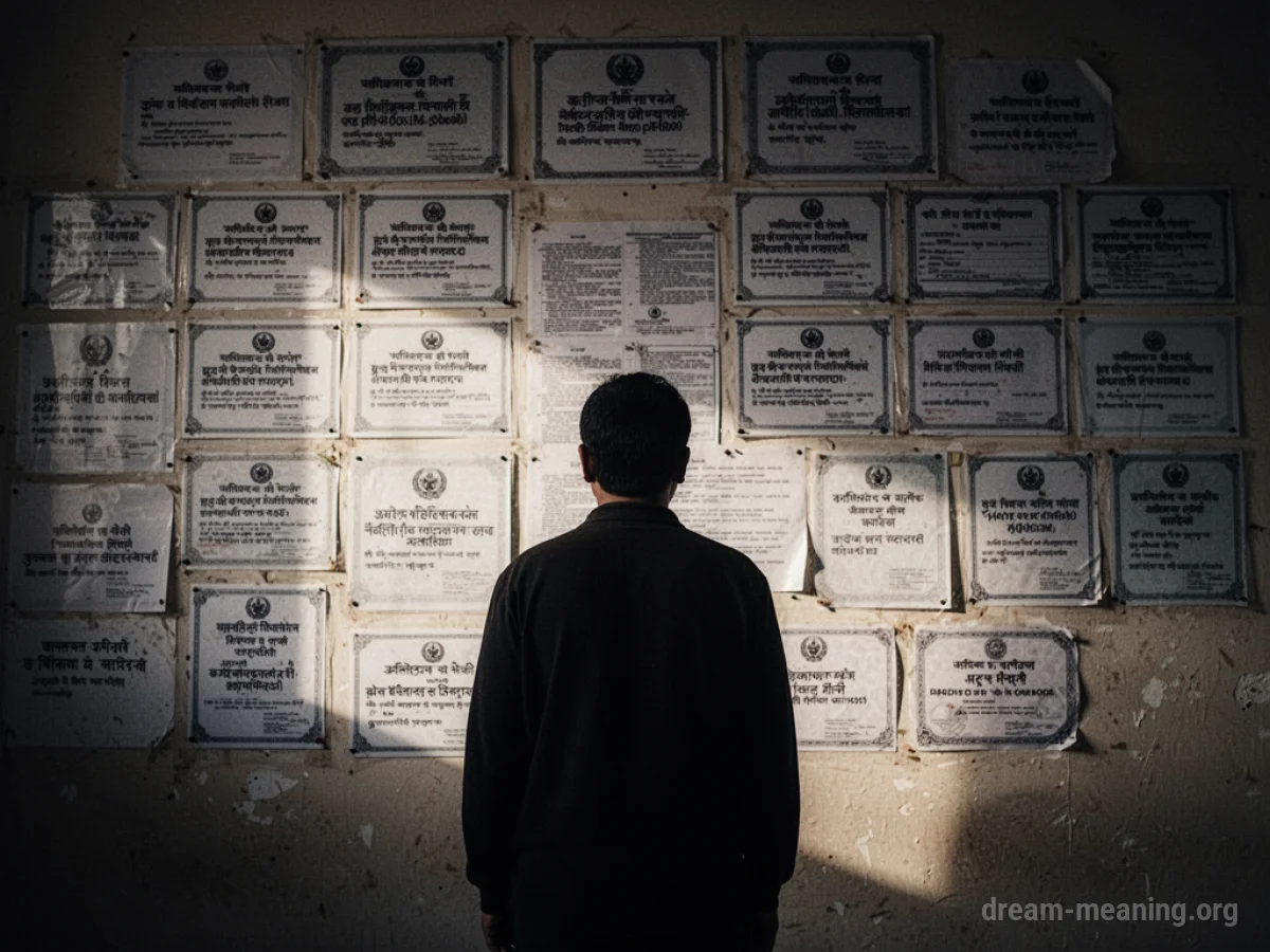 A silhouette of a person standing before a wall covered in many signs.