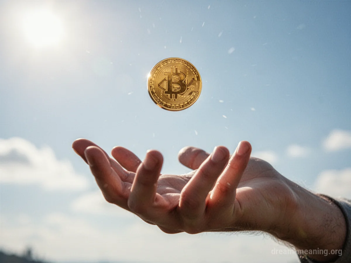 A golden coin falling from a clear sky towards an outstretched hand.