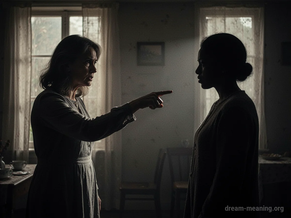 Silhouette of a person facing a shadowy figure of a mother pointing a finger.