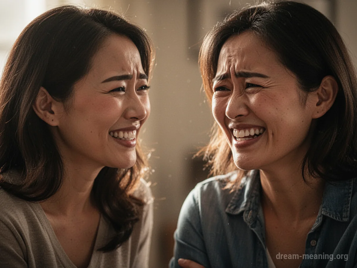 A woman smiling warmly at another person who appears happy.