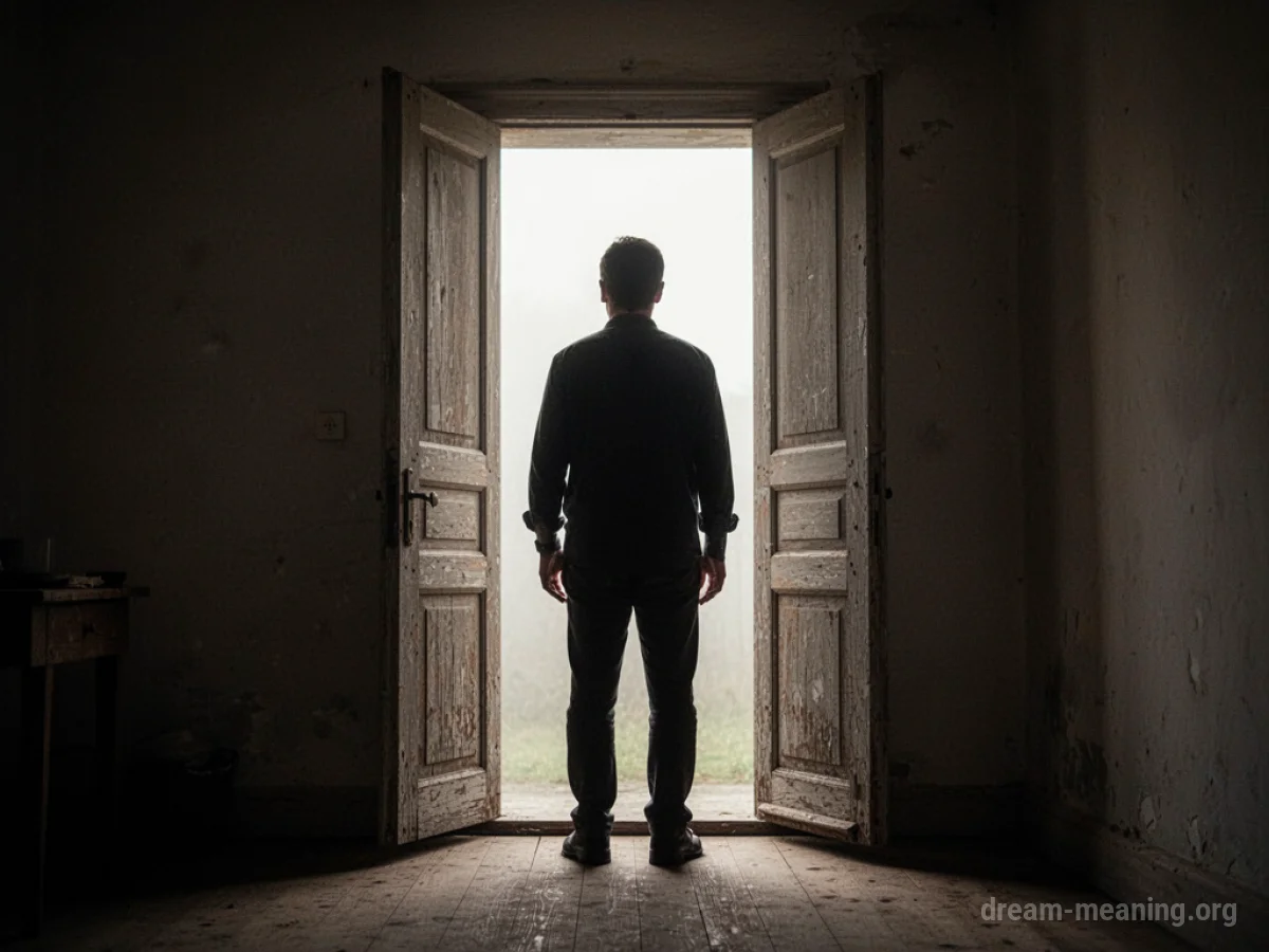 A silhouette of a person standing in an open doorway.