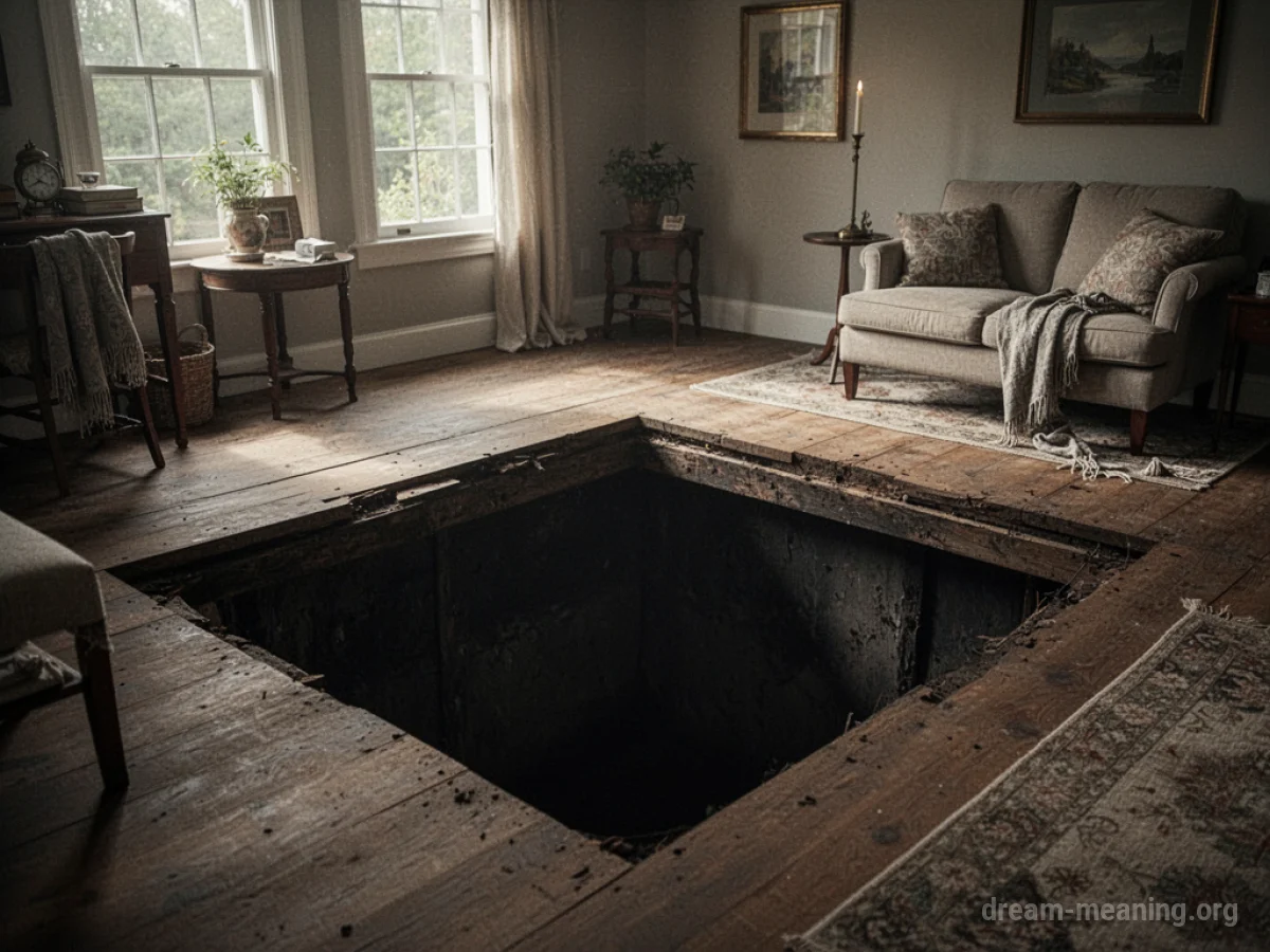 Interior of a house with the floor transitioning into a dark, bottomless chasm.