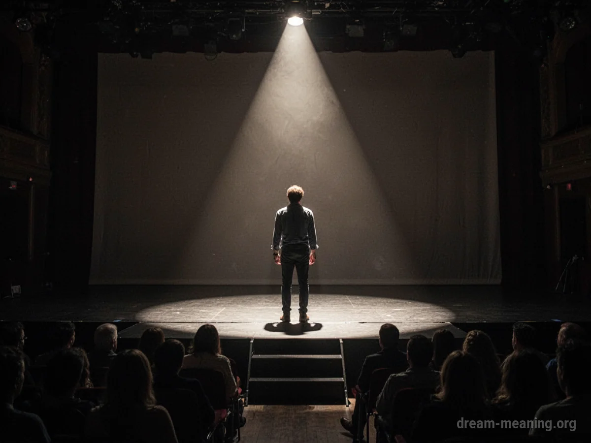 A solitary figure stands in a bright spotlight on an empty stage.