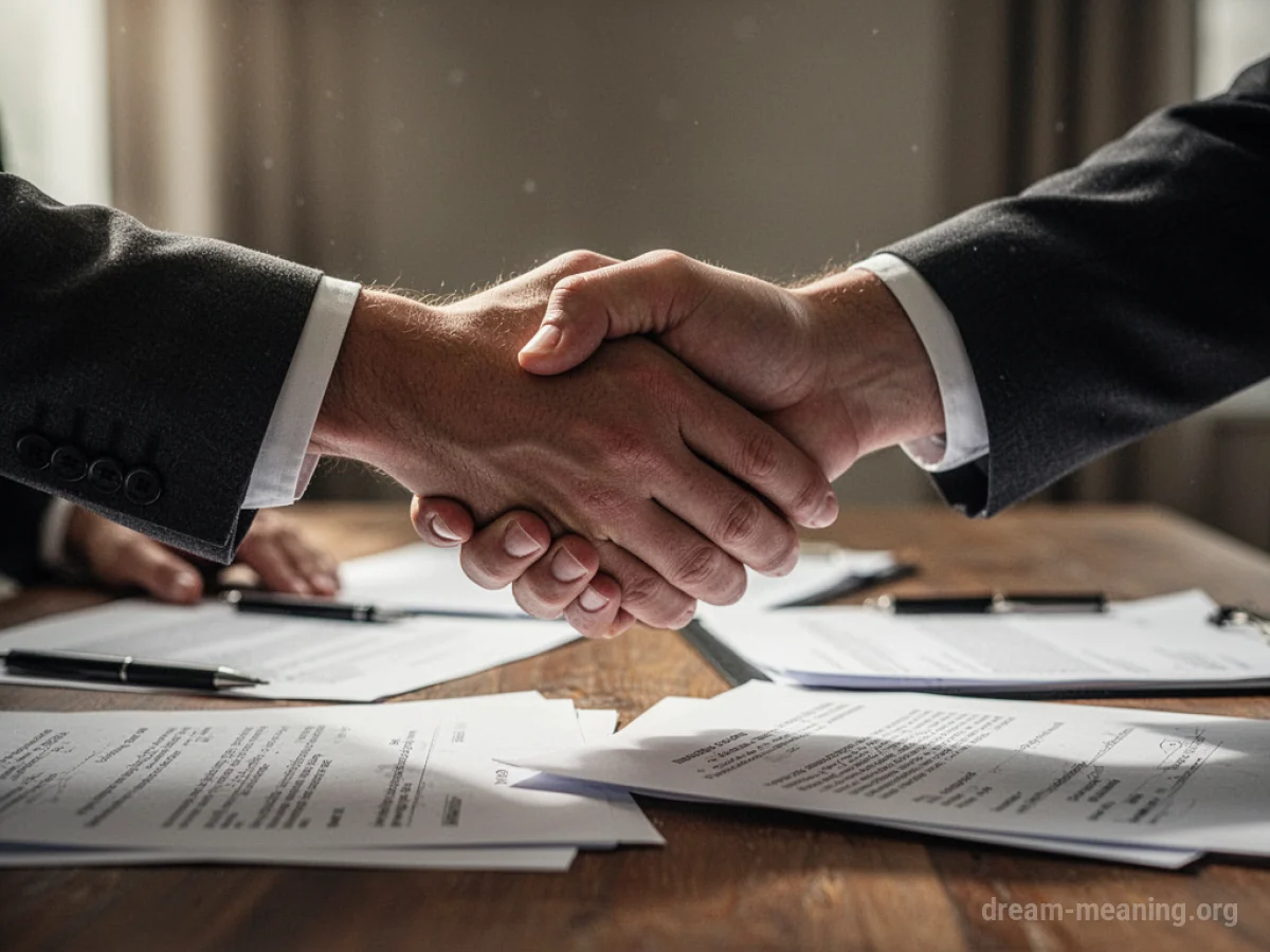 Two hands shaking over a table with papers.