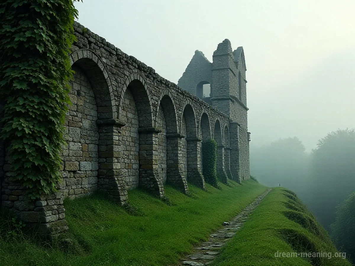 A distant view of an old stone abbey building covered in ivy.