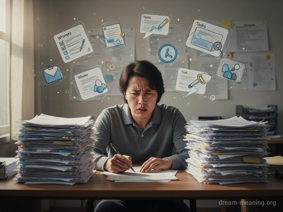 A person at a desk buried under a large stack of papers.
