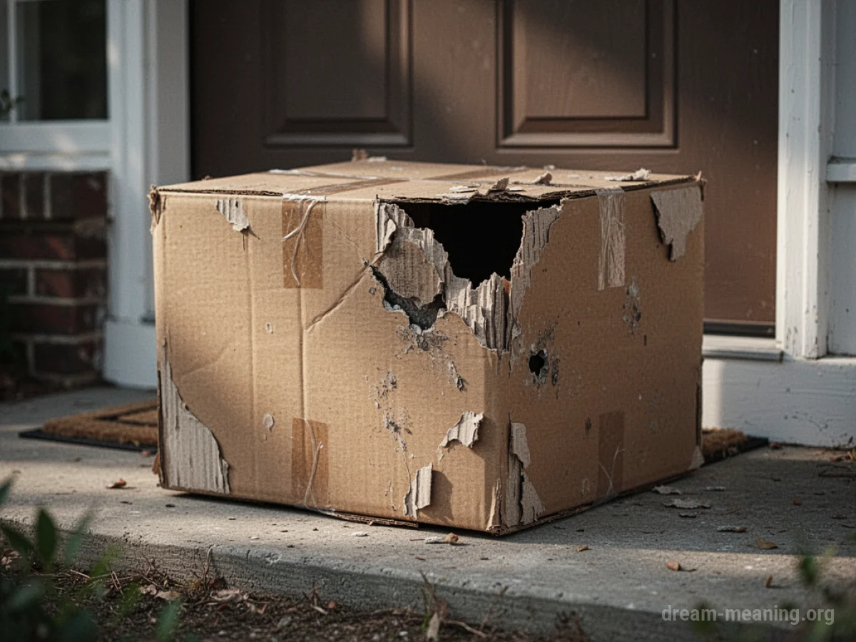 A damaged cardboard box on a doorstep.