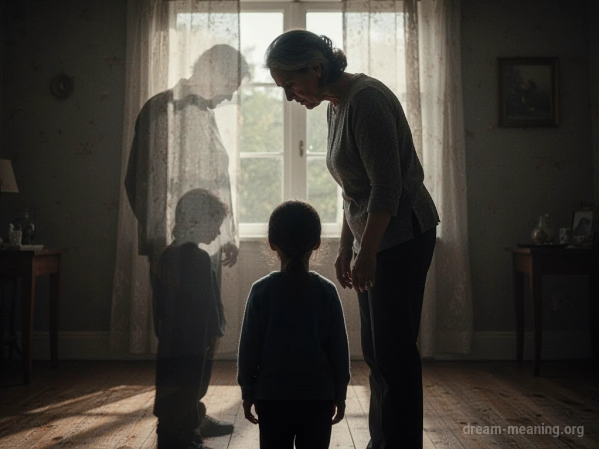 Silhouette of a parent figure looming over a smaller silhouette.