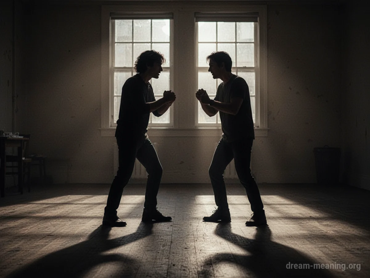 Silhouettes of two people facing each other with tense postures in a dark room.