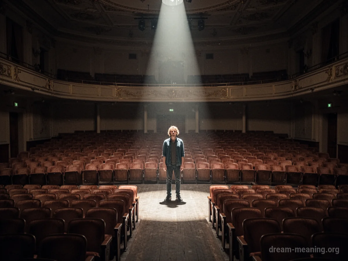 A lone figure illuminated by a spotlight on an empty stage.