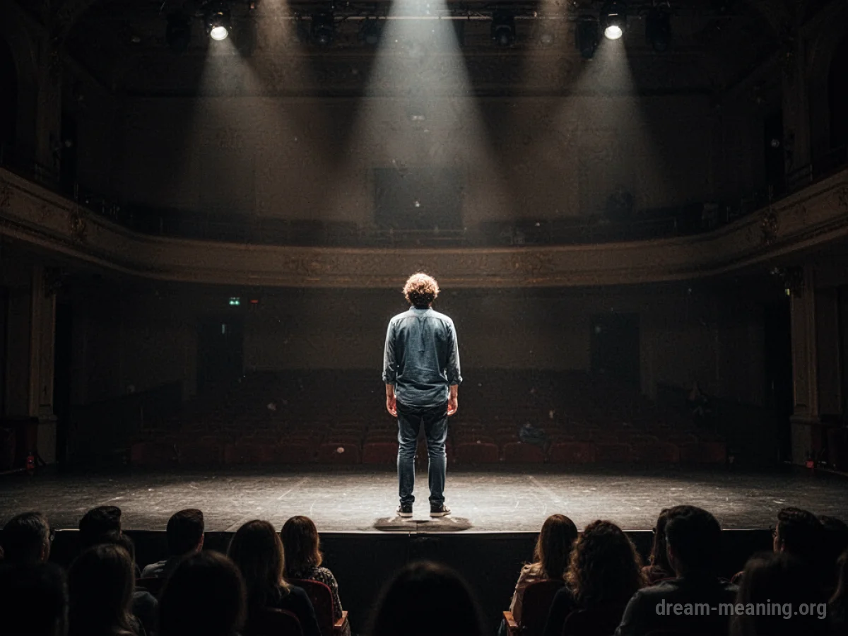 A person stands alone on a stage facing away from the viewer.