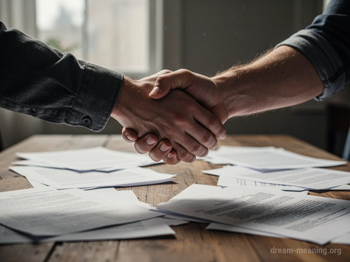 Two hands shaking over a table.