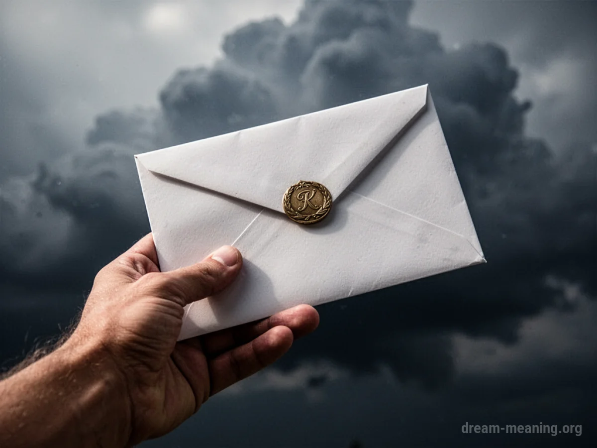 A hand holding a sealed envelope with a dark, cloudy sky behind it.