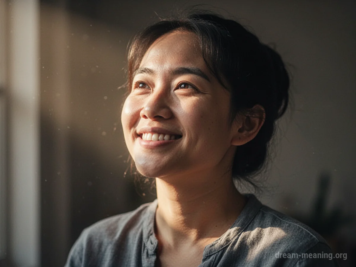 A person bathed in soft light, smiling slightly.