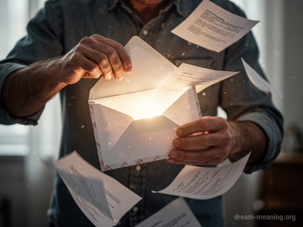 A hand opening an envelope, with papers and light coming out.