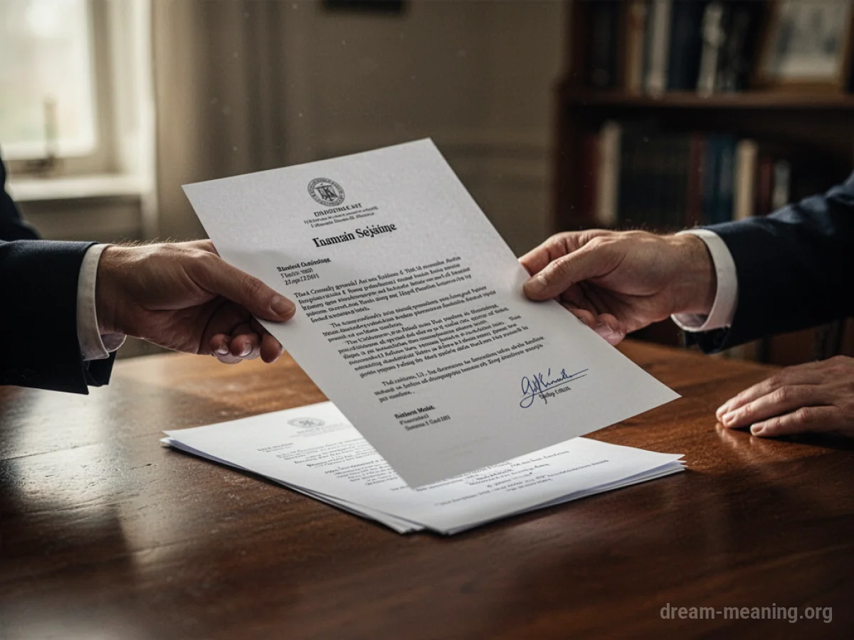 A formal document being passed between two people's hands across a table.