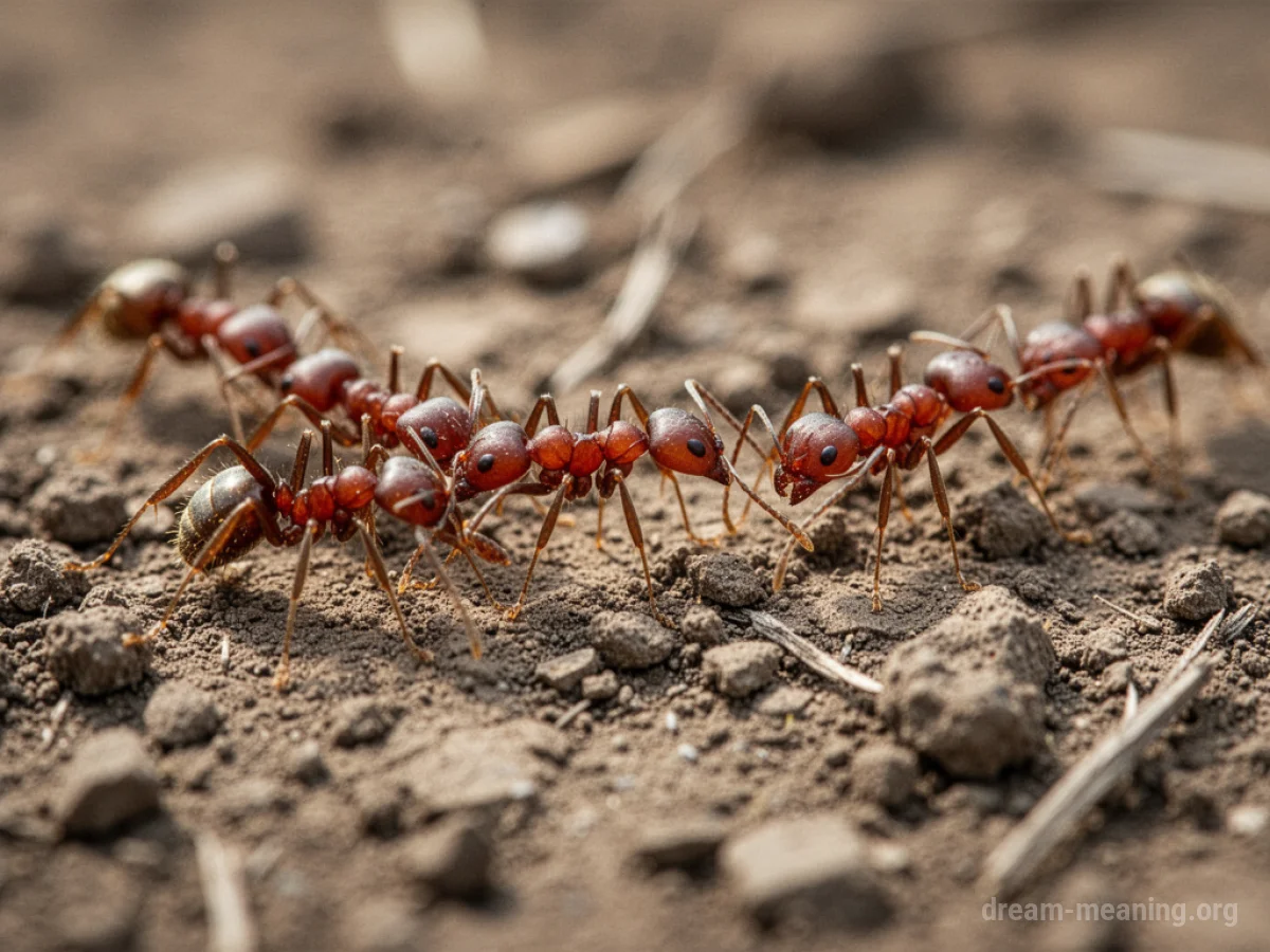 A line of small red ants moving across dry ground.
