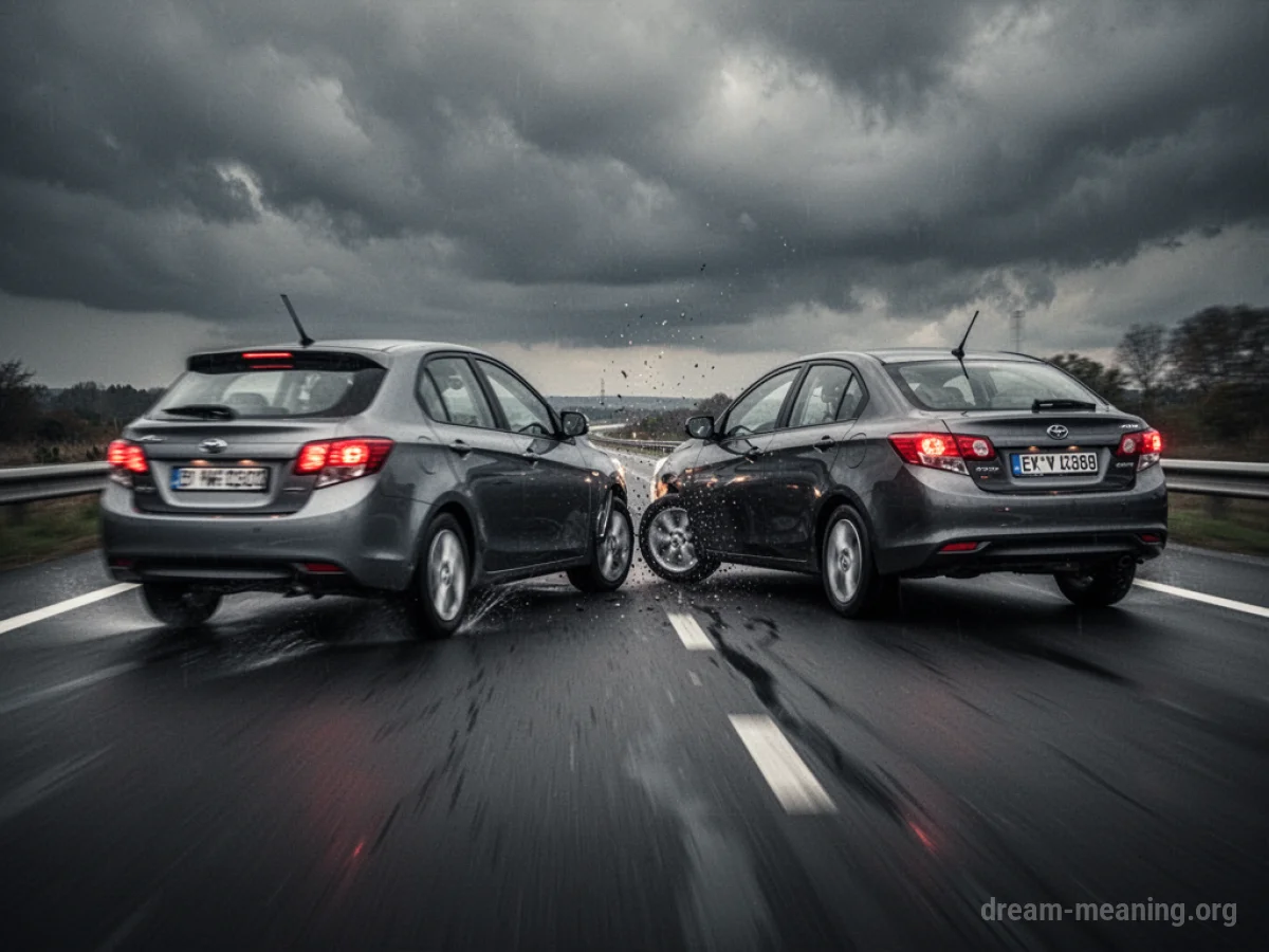 Two cars driving aggressively on a highway with a stormy sky overhead.