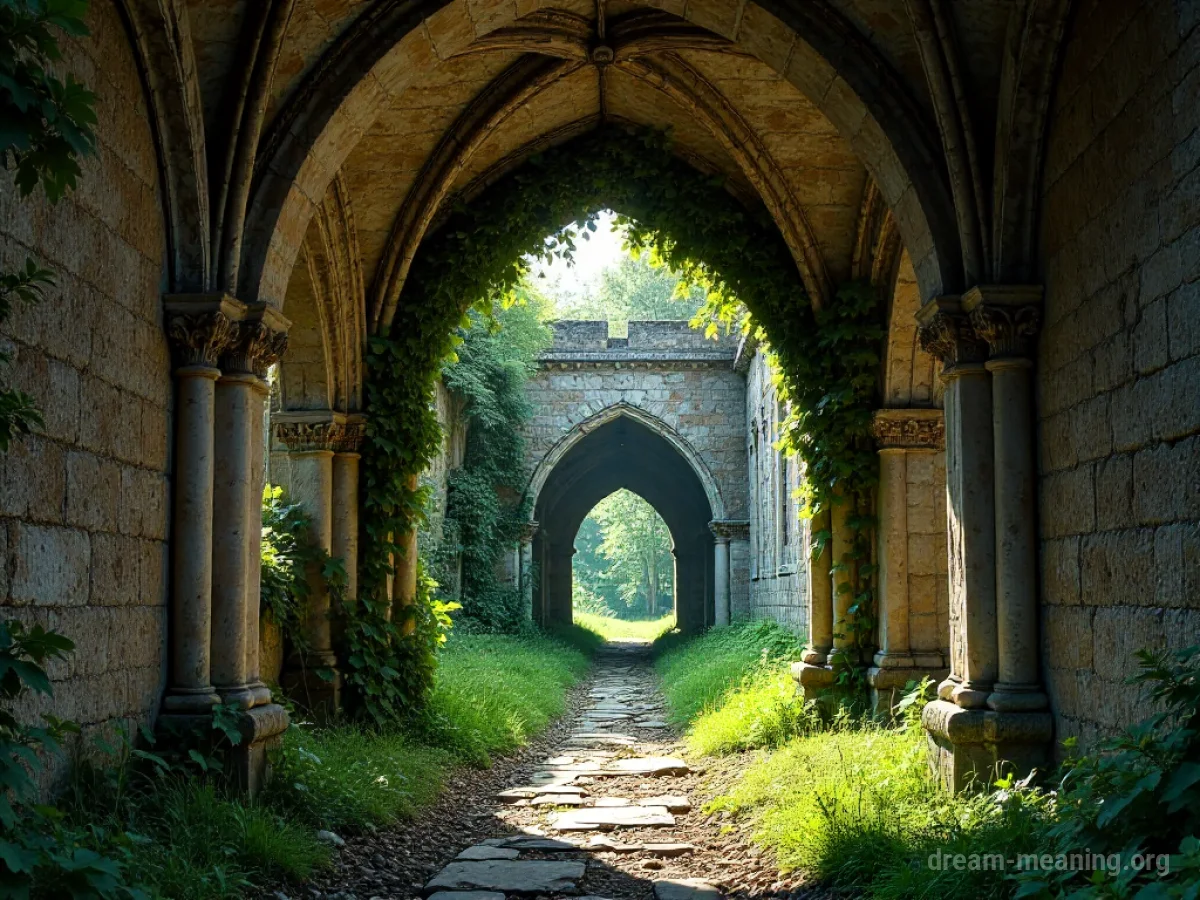 Sunlight streaming through the broken roof and ivy-covered walls of an old, decaying abbey.