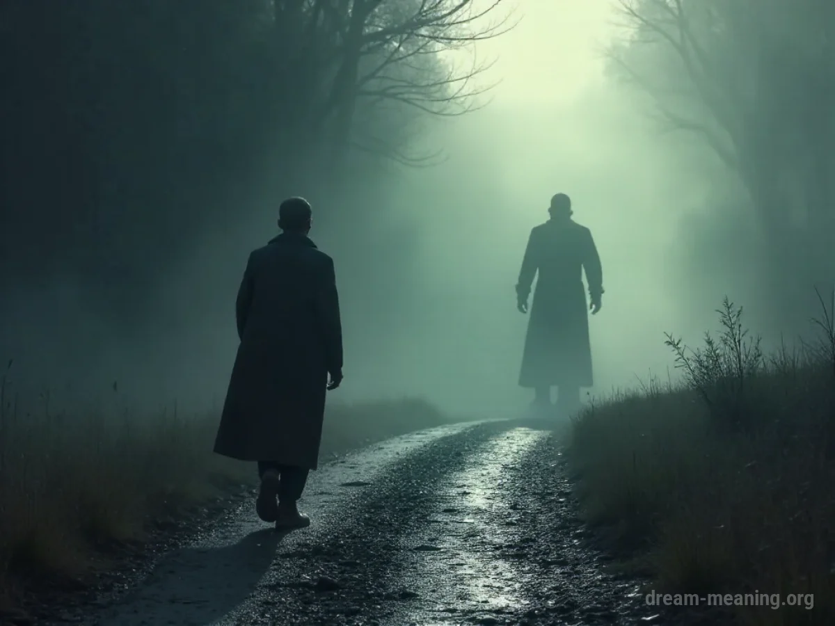 A person running away from a cloaked figure in the distance on a path.