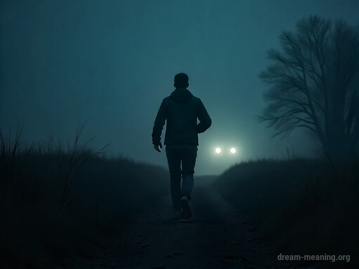 Silhouette of a person running away from indistinct shadowy figures in a dark environment.