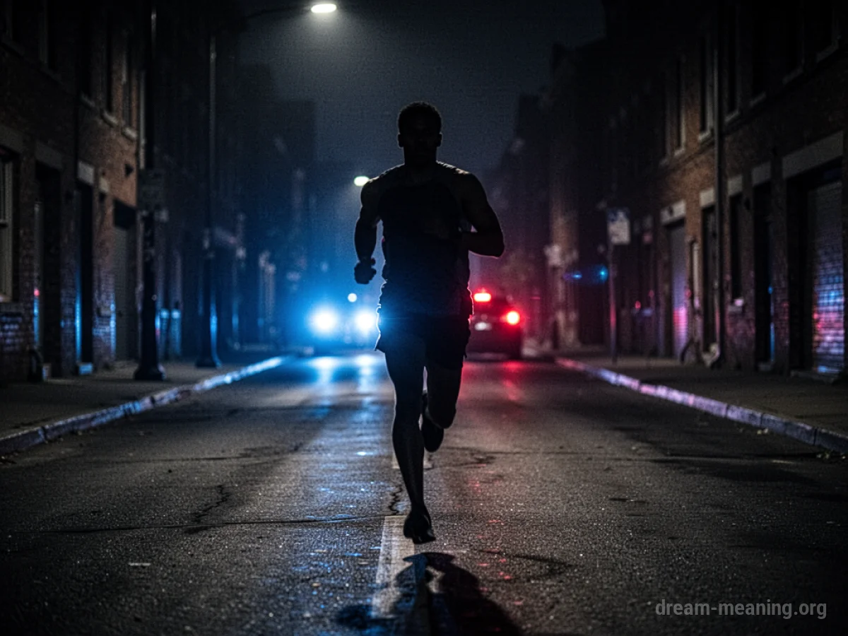 Silhouette of a person running away from flashing lights on a street.